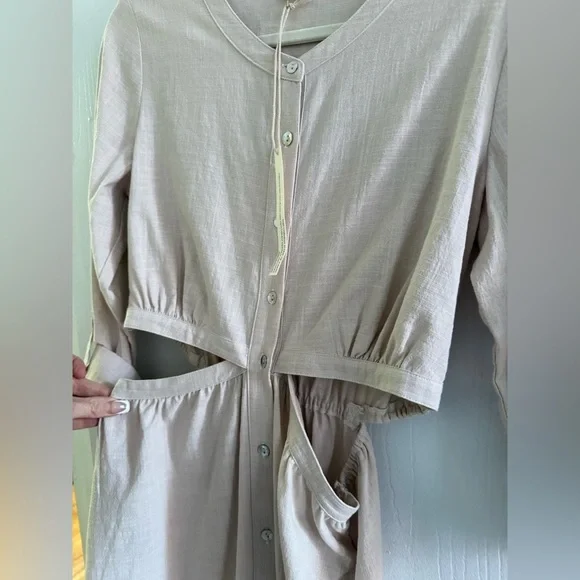 Lovestitch 100% Cotton Cutout Midi Dress Beige Tan Button Front Long Sleeves - Picture 6 of 8